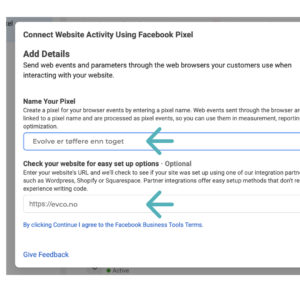 Business manager facebook pixel navn og link